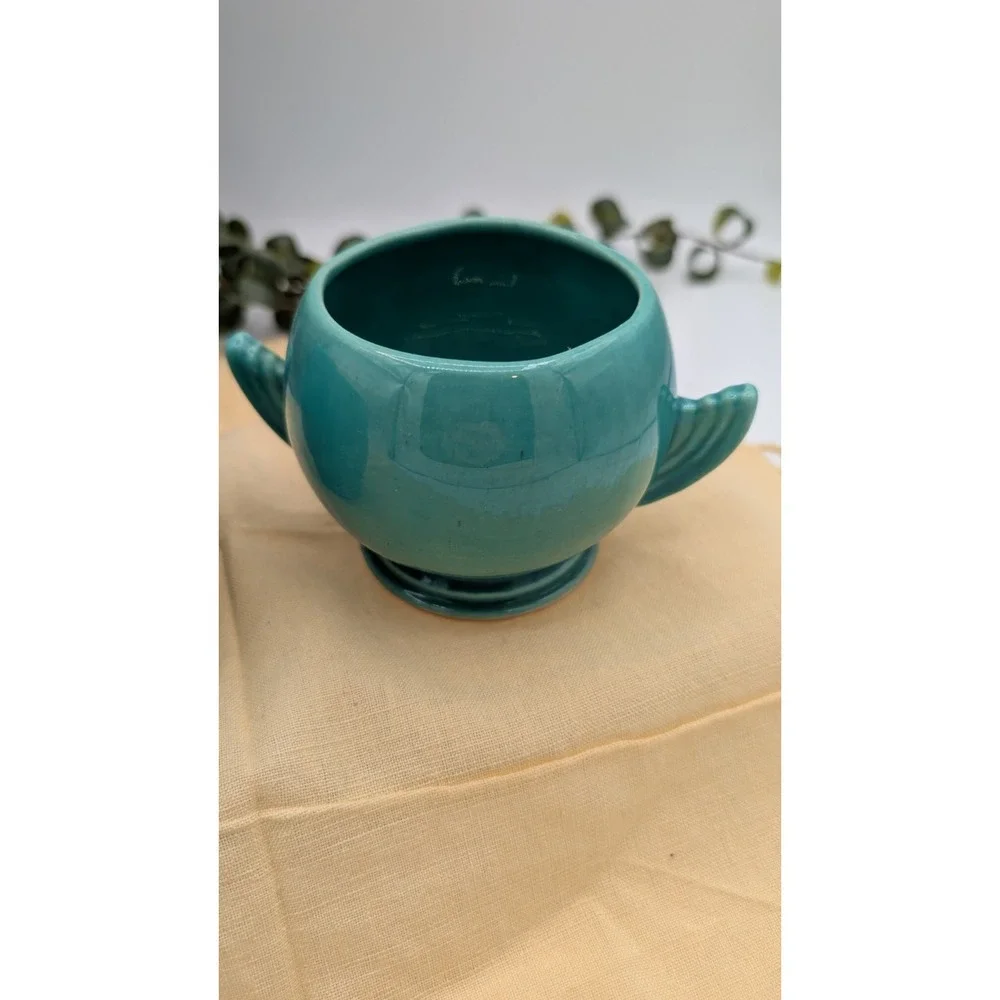 Vintage Art Deco Teal Ceramic Creamer & Sugar Bowl - Wing Handles & Retro Glaze